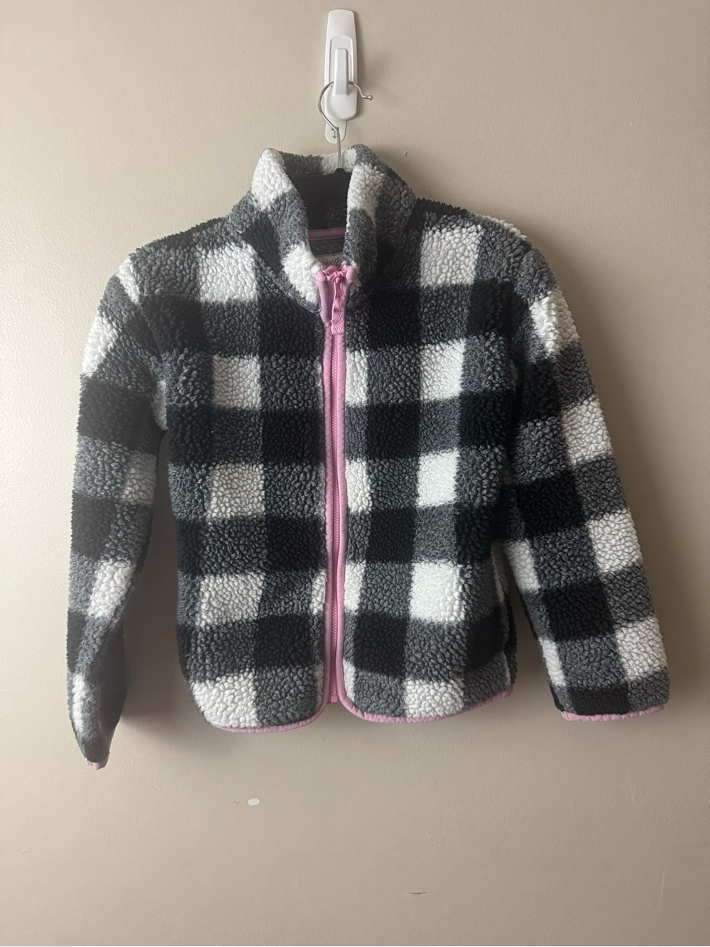 Girls Black & White Buffalo Check Sherpa Jacket with Pink Trim Size 6X